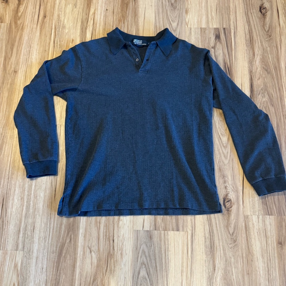 Vintage Ralph Lauren Polo Shirt Mens L Gray Textured Knit Cotton Rugby Pullover